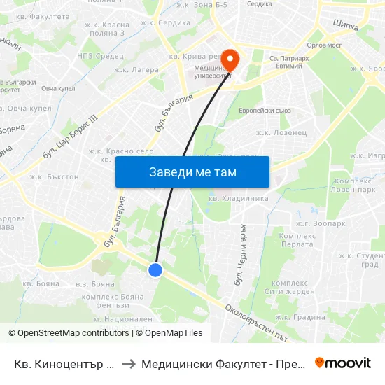 Кв. Киноцентър / Kinotsentar Qr. (1967) to Медицински Факултет - Предклиничен Университетски Център map
