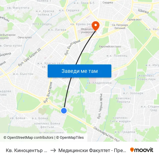 Кв. Киноцентър / Kinotsentar Qr. (1966) to Медицински Факултет - Предклиничен Университетски Център map