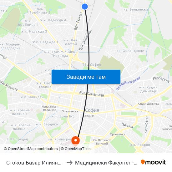 Стоков Базар Илиянци / Iliyantsi Commodity Market (0754) to Медицински Факултет - Предклиничен Университетски Център map