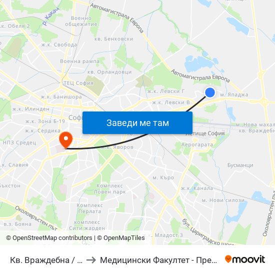Кв. Враждебна / Vrazhdebna Qr. (0824) to Медицински Факултет - Предклиничен Университетски Център map