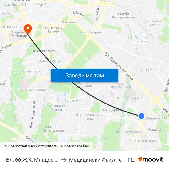 Бл. 66 Ж.К. Младост 1 / Bl. 66, Mladost 1 Qr (0245) to Медицински Факултет - Предклиничен Университетски Център map