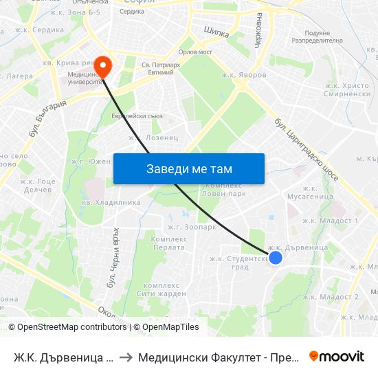 Ж.К. Дървеница / Darvenitsa Qr. (0801) to Медицински Факултет - Предклиничен Университетски Център map