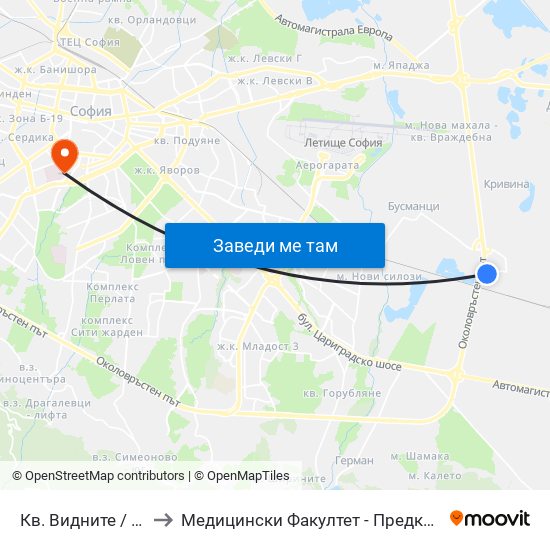 Кв. Видните / Vidnite Qr. (0819) to Медицински Факултет - Предклиничен Университетски Център map