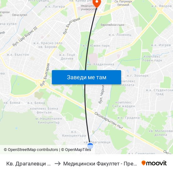 Кв. Драгалевци / Dragalevtsi Qr. (0837) to Медицински Факултет - Предклиничен Университетски Център map