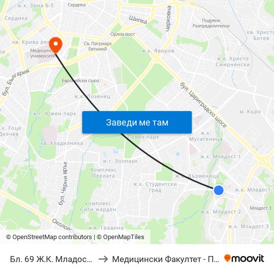 Бл. 69 Ж.К. Младост 1 / Bl. 69, Mladost 1 Qr. (0247) to Медицински Факултет - Предклиничен Университетски Център map