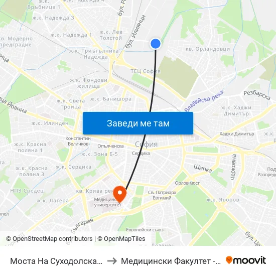 Моста На Суходолска Река / Suhodolska River Bridge (1506) to Медицински Факултет - Предклиничен Университетски Център map