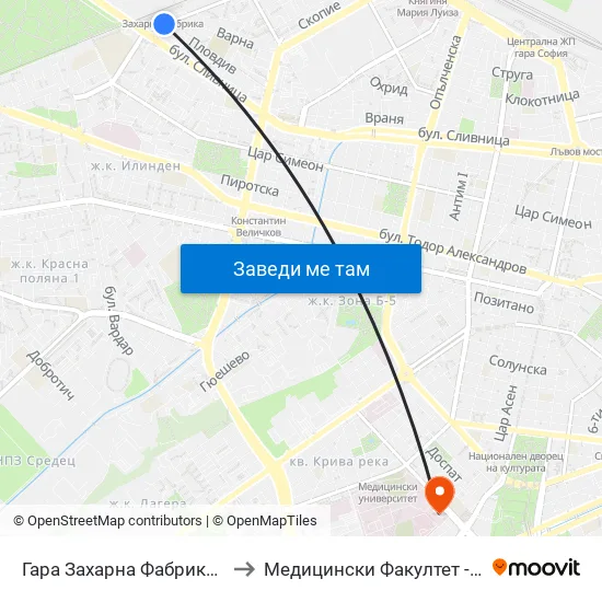 Гара Захарна Фабрика / Zaharna Fabrika Train Station (0452) to Медицински Факултет - Предклиничен Университетски Център map