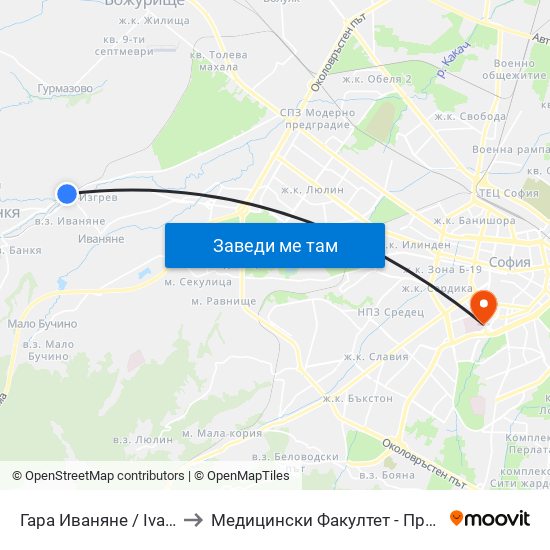 Гара Иваняне / Ivanyane Train Station (0453) to Медицински Факултет - Предклиничен Университетски Център map