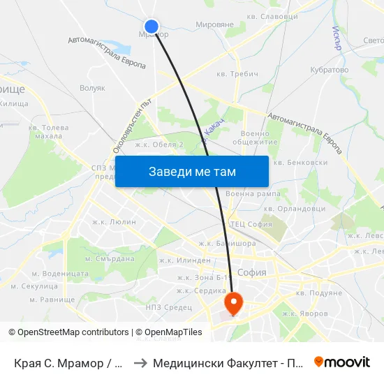 Края С. Мрамор / End Of Mramor Village (0439) to Медицински Факултет - Предклиничен Университетски Център map