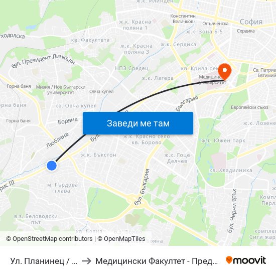 Ул. Планинец / Planinets St. (2104) to Медицински Факултет - Предклиничен Университетски Център map
