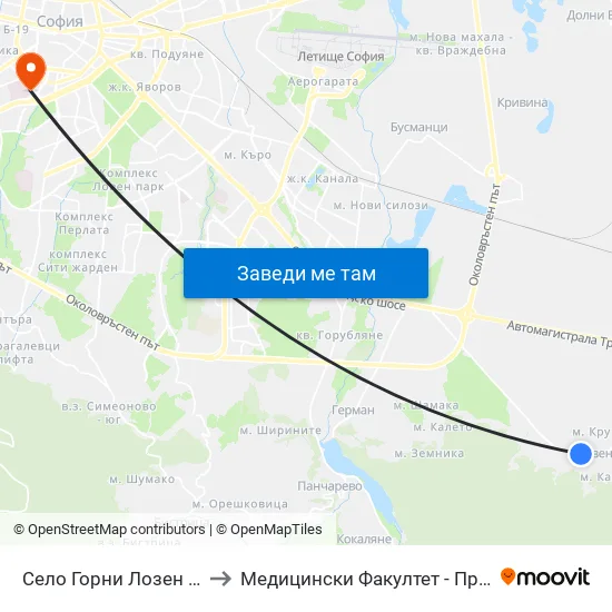 Село Горни Лозен / Gorni Lozen Village (1523) to Медицински Факултет - Предклиничен Университетски Център map