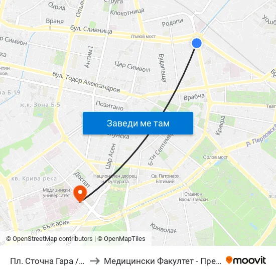 Пл. Сточна Гара / Stochna Gara Sq. (1319) to Медицински Факултет - Предклиничен Университетски Център map
