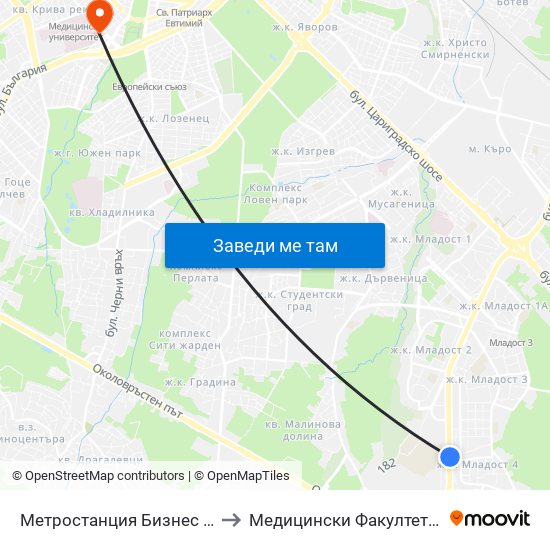 Метростанция Бизнес Парк / Business Park Metro Station (2373) to Медицински Факултет - Предклиничен Университетски Център map