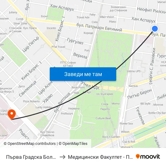 Първа Градска Болница / 1-St City Hospital (1422) to Медицински Факултет - Предклиничен Университетски Център map