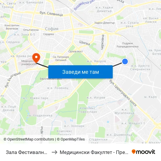 Зала Фестивална / Festivalna Hall (0729) to Медицински Факултет - Предклиничен Университетски Център map