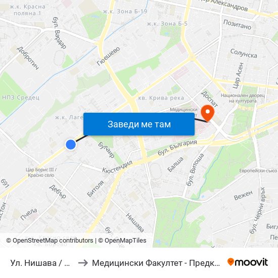 Ул. Нишава / Nishava St. (2110) to Медицински Факултет - Предклиничен Университетски Център map