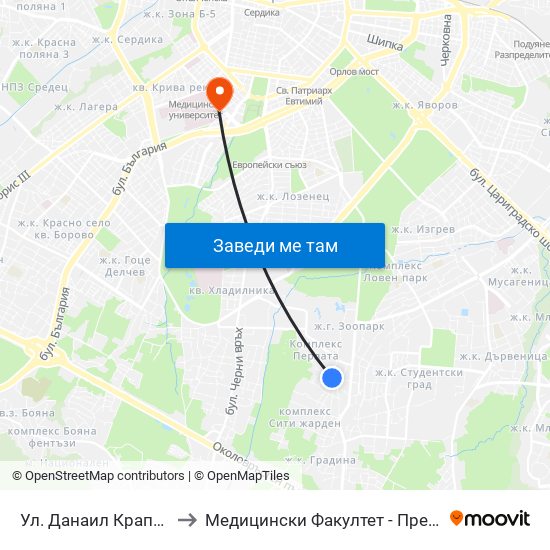 Ул. Данаил Крапчев / Danail Krapchev St. to Медицински Факултет - Предклиничен Университетски Център map