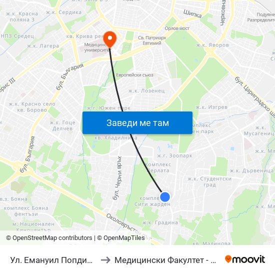 Ул. Емануил Попдимитров / Emanuil Popdimitrov St. to Медицински Факултет - Предклиничен Университетски Център map