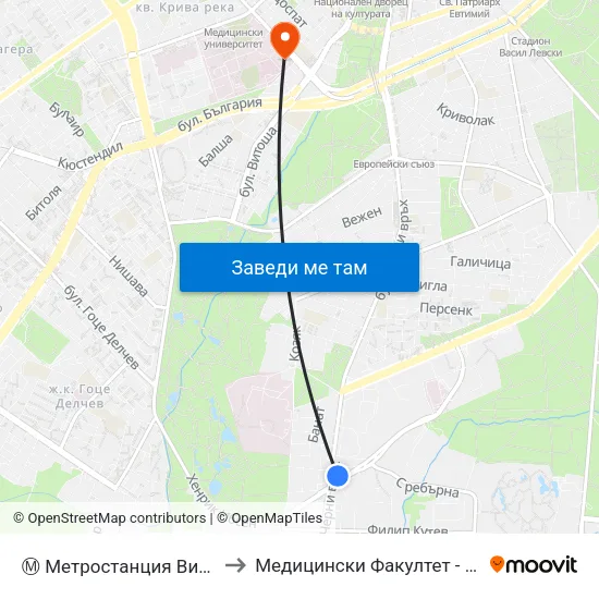 Ⓜ️ Метростанция Витоша / Vitosha Metro Station (0911) to Медицински Факултет - Предклиничен Университетски Център map