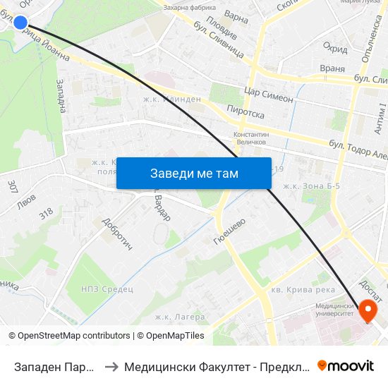 Западен Парк / Zapaden Park to Медицински Факултет - Предклиничен Университетски Център map