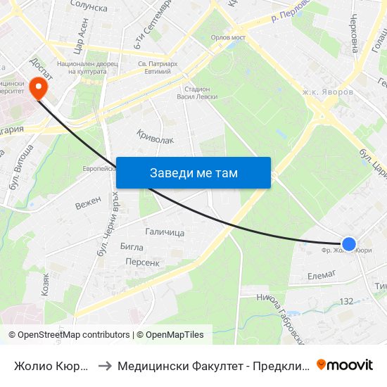 Жолио Кюри / Joliot-Curie to Медицински Факултет - Предклиничен Университетски Център map