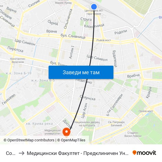 София to Медицински Факултет - Предклиничен Университетски Център map