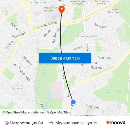 Ⓜ️ Метростанция Витоша / Vitosha Metro Station (0910) to Медицински Факултет - Предклиничен Университетски Център map