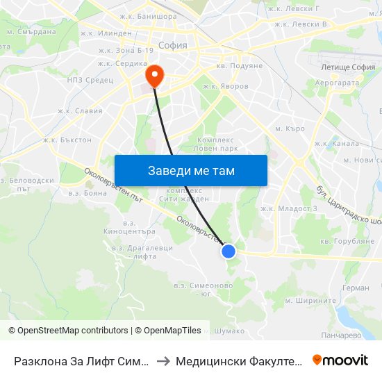 Разклона За Лифт Симеоново / Fork Road To Lift Simeonovo (2791) to Медицински Факултет - Предклиничен Университетски Център map