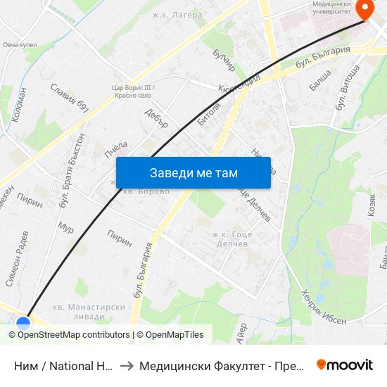 Ним / National History Museum (2458) to Медицински Факултет - Предклиничен Университетски Център map