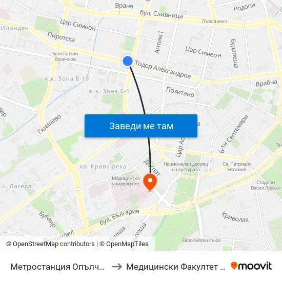 Ⓜ️ Метростанция Опълченска / Opalchenska Metro Station (6407) to Медицински Факултет - Предклиничен Университетски Център map