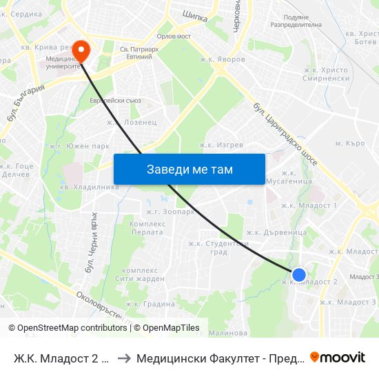 Ж.К. Младост 2 / Mladost 2 Qr. (0664) to Медицински Факултет - Предклиничен Университетски Център map