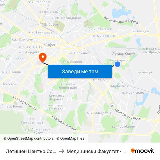 Летищен Център София / Sofia Airport Center (2797) to Медицински Факултет - Предклиничен Университетски Център map