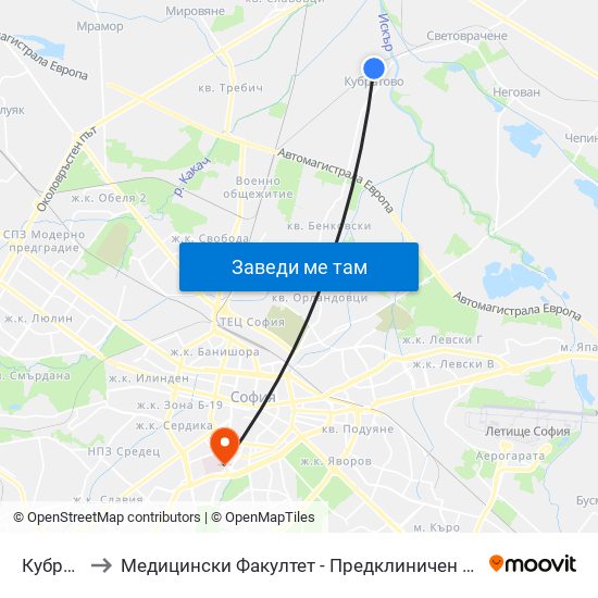 Кубратово to Медицински Факултет - Предклиничен Университетски Център map