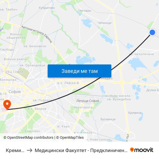 Кремиковци to Медицински Факултет - Предклиничен Университетски Център map