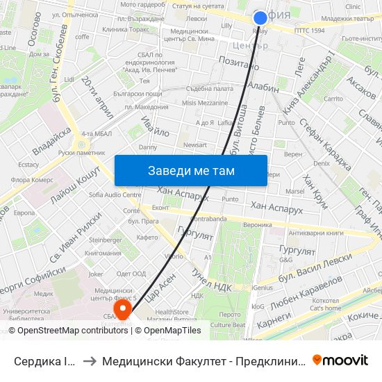 Сердика I / Serdika I to Медицински Факултет - Предклиничен Университетски Център map