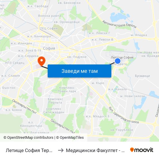 Летище София Терминал 1 / Sofia Airport Terminal 1 to Медицински Факултет - Предклиничен Университетски Център map
