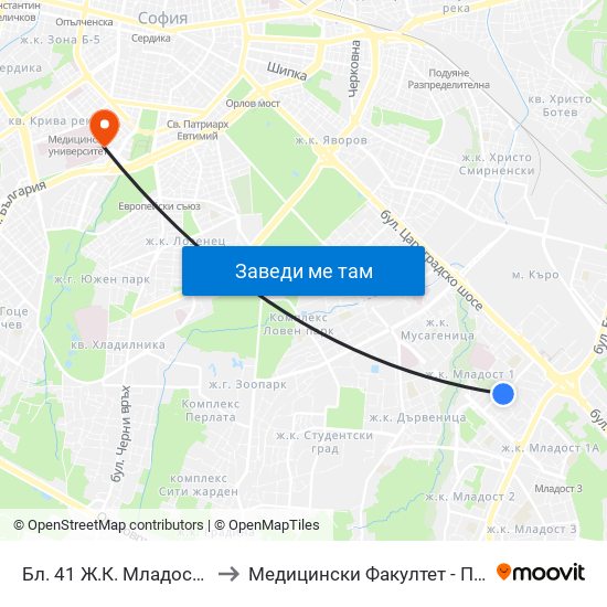 Бл. 41 Ж.К. Младост 1 / Bl. 41, Mladost 1 Qr. (0210) to Медицински Факултет - Предклиничен Университетски Център map