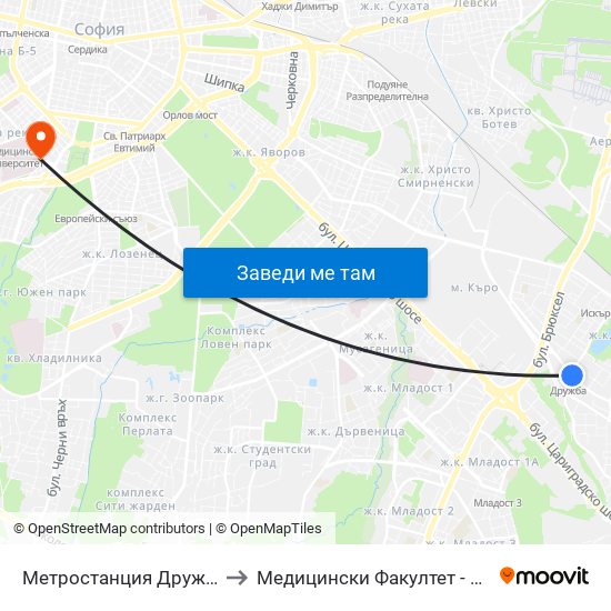 Метростанция Дружба / Druzhba Metro Station (0235) to Медицински Факултет - Предклиничен Университетски Център map