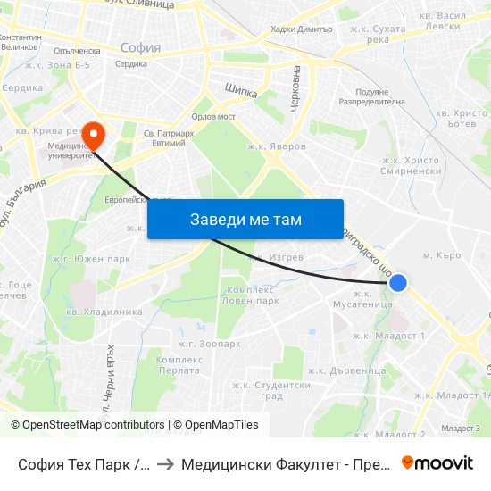 София Тех Парк / Sofia Tech Park (0579) to Медицински Факултет - Предклиничен Университетски Център map