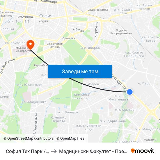 София Тех Парк / Sofia Tech Park (0576) to Медицински Факултет - Предклиничен Университетски Център map