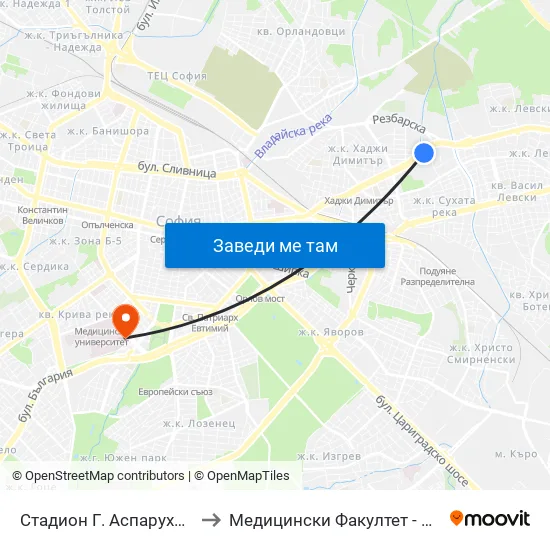Стадион Г. Аспарухов / G. Asparuhov Stadium (1615) to Медицински Факултет - Предклиничен Университетски Център map