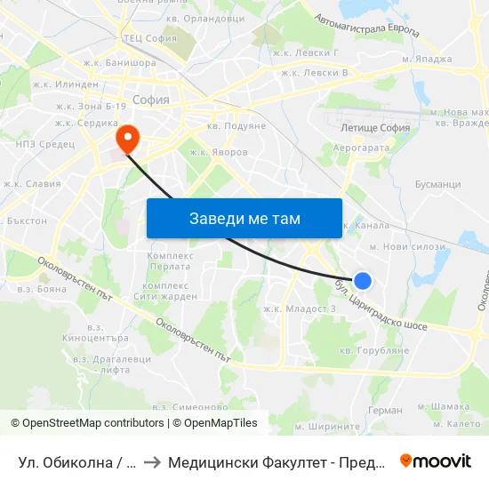 Ул. Обиколна / Obikolna St. (2066) to Медицински Факултет - Предклиничен Университетски Център map
