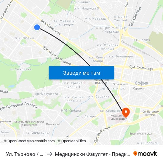 Ул. Търново / Tarnovo St. (2220) to Медицински Факултет - Предклиничен Университетски Център map