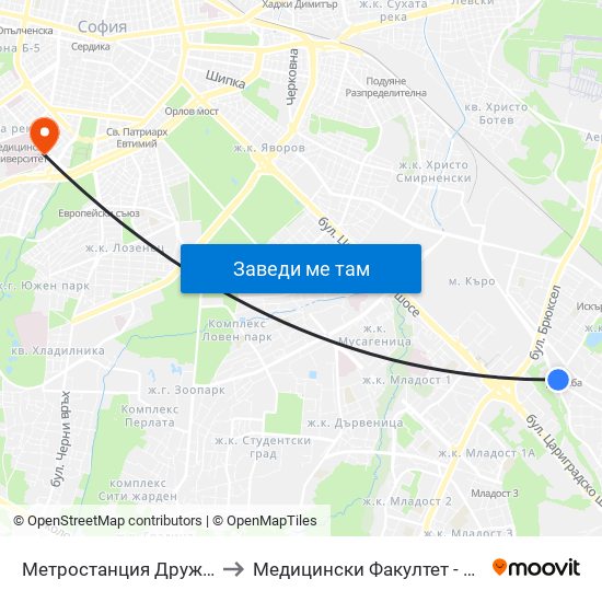 Метростанция Дружба / Druzhba Metro Station (2739) to Медицински Факултет - Предклиничен Университетски Център map