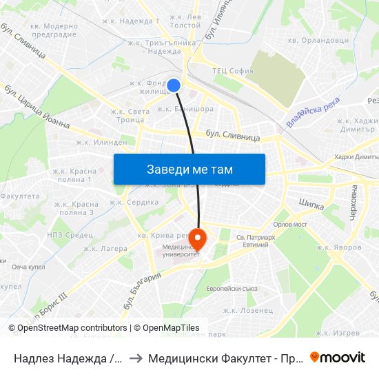 Надлез Надежда / Nadezhda Overpass (3599) to Медицински Факултет - Предклиничен Университетски Център map