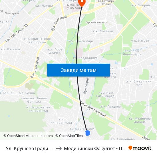 Ул. Крушева Градина / Krusheva Gradina St (6705) to Медицински Факултет - Предклиничен Университетски Център map