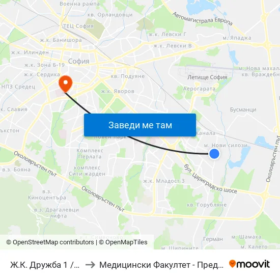 Ж.К. Дружба 1 / Druzhba 1 Qr. (2424) to Медицински Факултет - Предклиничен Университетски Център map