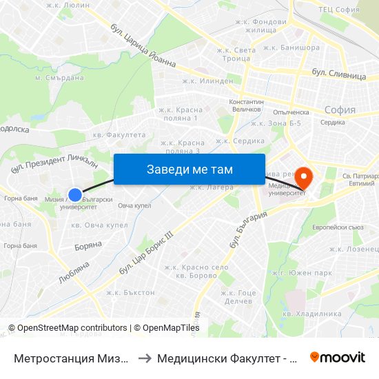 Метростанция Мизия / Moesia Metro Station (6089) to Медицински Факултет - Предклиничен Университетски Център map
