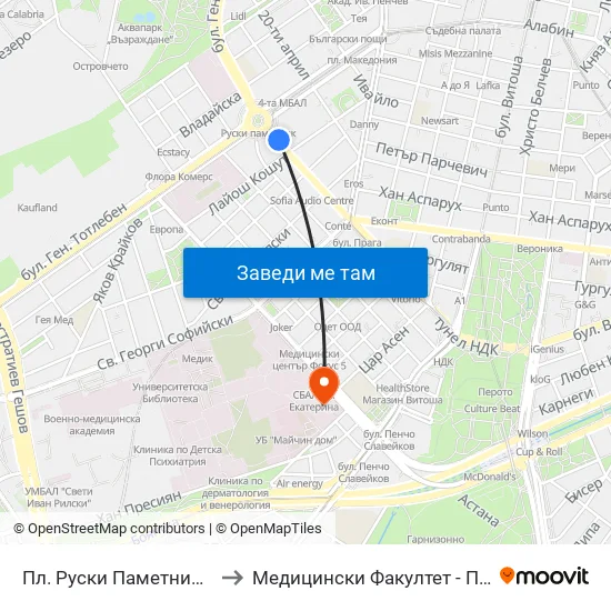 Пл. Руски Паметник / Russian Monument Sq. (1297) to Медицински Факултет - Предклиничен Университетски Център map