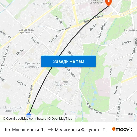 Кв. Манастирски Ливади / Manastirski Livadi Qr to Медицински Факултет - Предклиничен Университетски Център map
